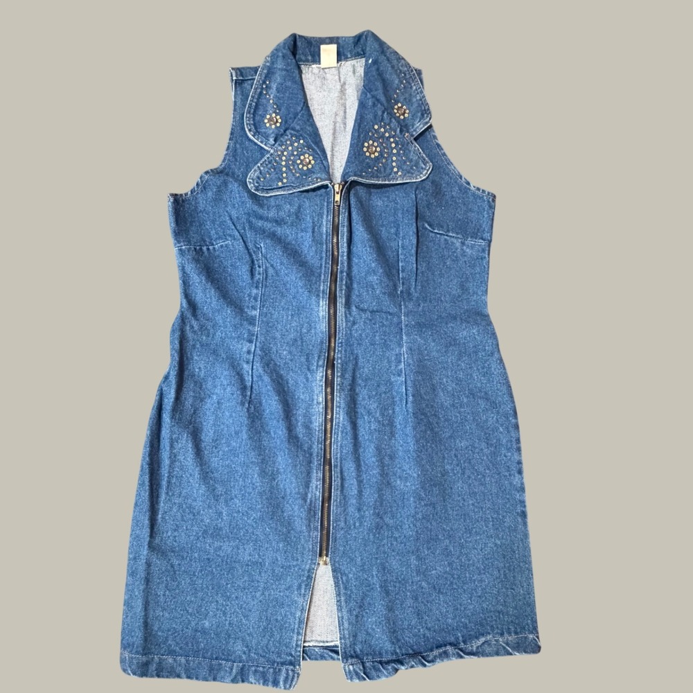 Vintage Studded Rhinestone Denim Zip Front Sleeveless Dress Blue Medium Wash L